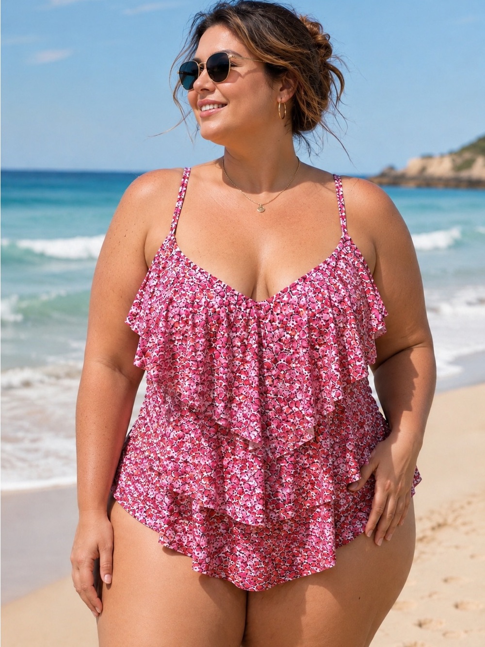 Peter Nygard Pink Floral Tiered Camisole Swim Top Built in Bra Size 18D Beach
